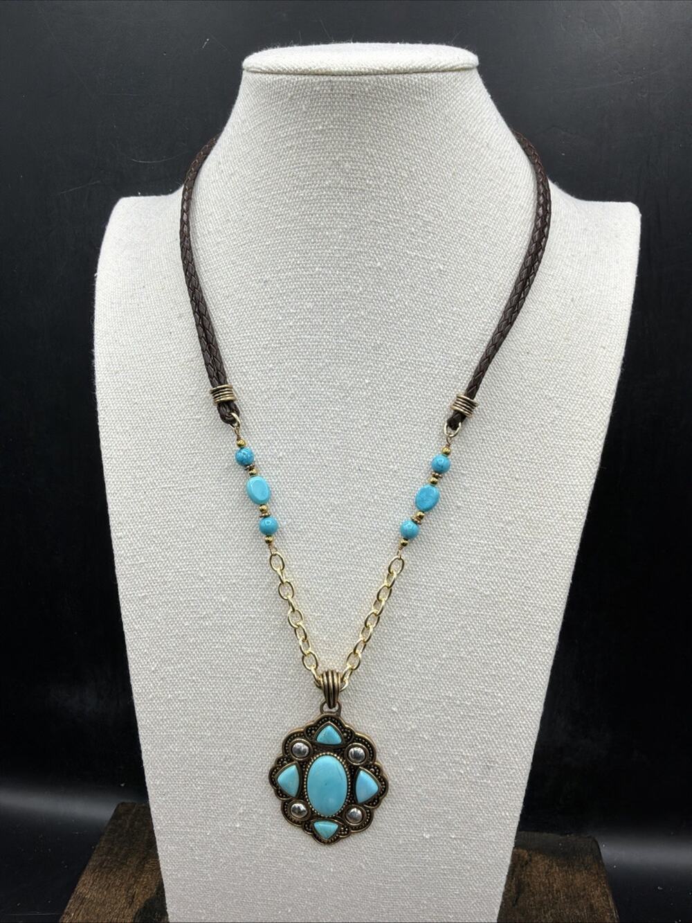 Barse Imara Necklace- Turquoise- Leather- Bronze & Silver-NWT
